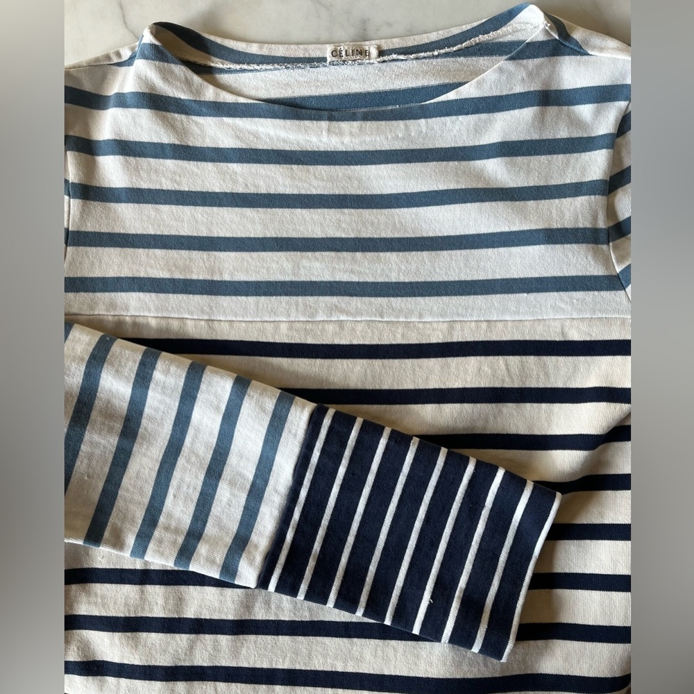 Celine Multi Blue & White Striped Long Sleeve Crew Neck Cotton Top Sz S. - Picture 4 of 9